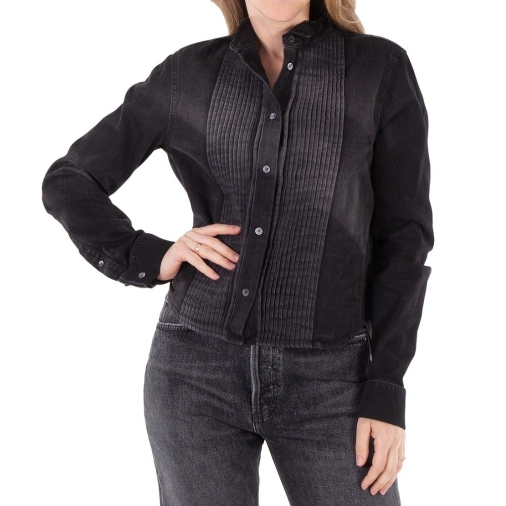 Loewe Pleated Tuxedo Bib Denim Shirt Womens 40 Black‎ Cotton Luxury Top